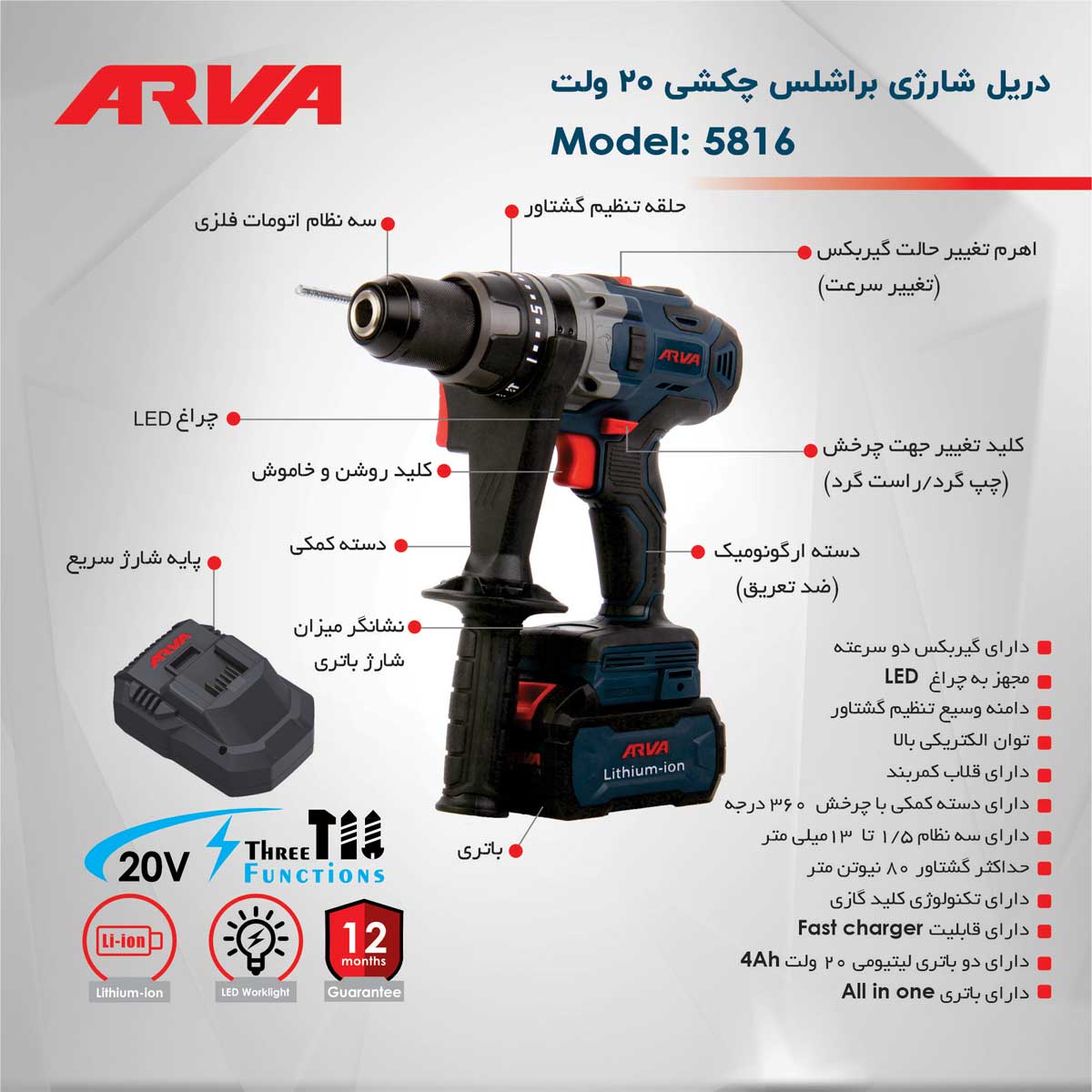 infographic-cordless-drill-model-5816 دریل پیچ گوشتی شارژی چکشی براشلس ۲۰ ولت آروا